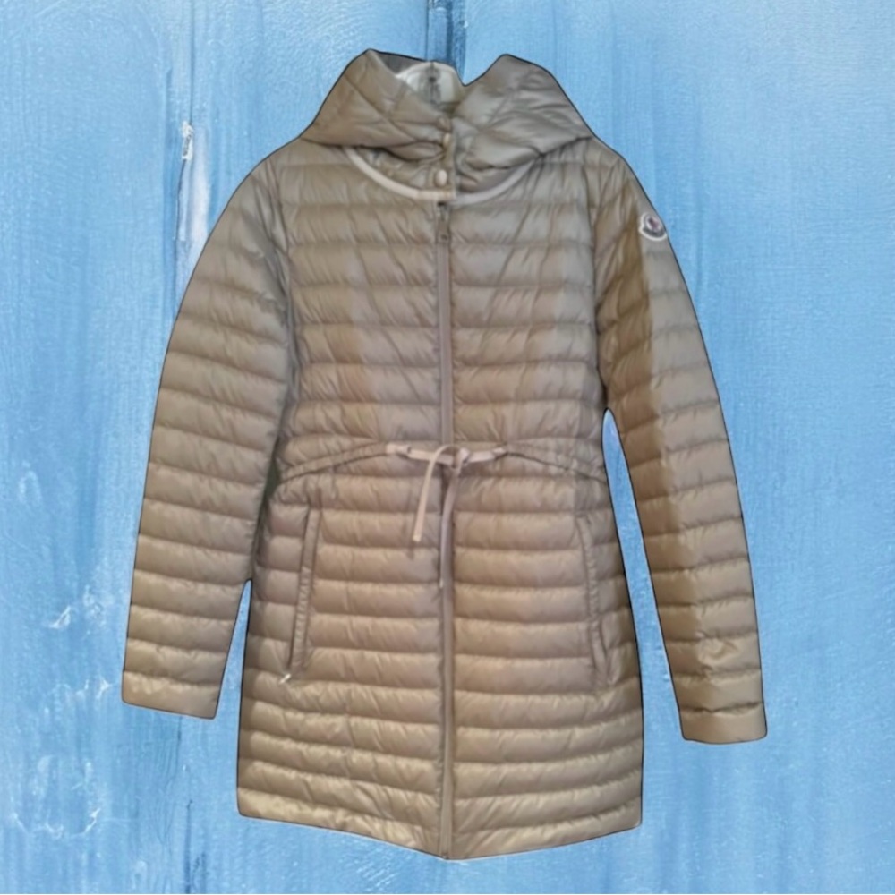 💕MONCLER BEIGE Barbel Long Down Puffer Jacket Attached Hood Size 2 = US Medium